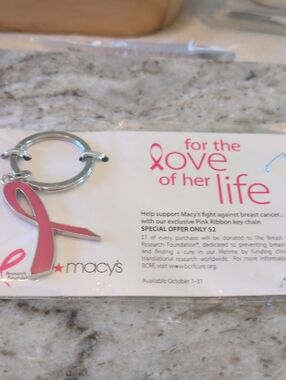 Macy's Vintage Pink Enamel Ribbon Keychain with Silver Hardware